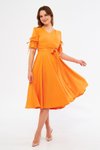 Turuncu Midi Kruvaze Yaka Büzgülü Kısa Kol Kolları Lastikli Kuşaklı Abiye Elbise