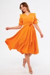 Turuncu Midi Kruvaze Yaka Büzgülü Kısa Kol Kolları Lastikli Kuşaklı Abiye Elbise
