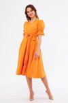 Turuncu Midi Kruvaze Yaka Büzgülü Kısa Kol Kolları Lastikli Kuşaklı Abiye Elbise
