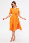 Turuncu Midi Kruvaze Yaka Büzgülü Kısa Kol Kolları Lastikli Kuşaklı Abiye Elbise