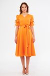 Turuncu Midi Kruvaze Yaka Büzgülü Kısa Kol Kolları Lastikli Kuşaklı Abiye Elbise