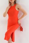 Turuncu Midi Tek Yırtmaç Kaşkorse Bodycon Likralı Elbise