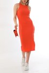 Turuncu Midi Tek Yırtmaç Kaşkorse Bodycon Likralı Elbise