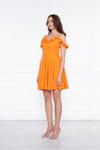 Turuncu Mini Ayarlanabilir Askılı Yaka Fırfır Detay Dokuma Kumaş Pileli Kloş Abiye Elbise