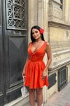 Turuncu Mini Korsaj Detaylı Şortlu Saten Abiye Elbise