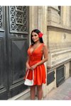 Turuncu Mini Korsaj Detaylı Şortlu Saten Abiye Elbise