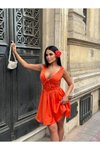 Turuncu Mini Korsaj Detaylı Şortlu Saten Abiye Elbise