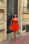 Turuncu Mini Lona Korse Detay Saten Tasarım Elbise