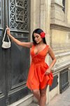 Turuncu Mini Lona Korse Detay Saten Tasarım Elbise