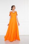 Turuncu Uzun Ayarlanabilir Askılı Fırfır Detay Dokuma Kumaş Kloş Abiye Elbise
