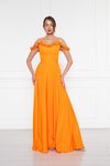 Turuncu Uzun Ayarlanabilir Askılı Fırfır Detay Dokuma Kumaş Kloş Abiye Elbise