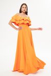 Turuncu Uzun Düşük Omuz Çift Kat Fırfır Detay Carmen Yaka Kloş Abiye Elbise