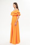 Turuncu Uzun Düşük Omuz Çift Kat Fırfır Detay Carmen Yaka Kloş Abiye Elbise