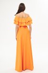 Turuncu Uzun Düşük Omuz Çift Kat Fırfır Detay Carmen Yaka Kloş Abiye Elbise