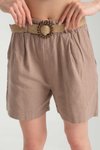 Vizon Beli Kemerli Keten Karışım Şort