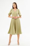 Yağ Yeşili Midi Balon Kol V Yaka Korsaj Kemer Detay Süs Düğmeli Göğüs Pileli Dokuma Dökümlü Kumaş Abiye Elbise