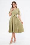 Yağ Yeşili Midi Kruvaze Yaka Büzgülü Kısa Kol Kolları Lastikli Kuşaklı Elbise