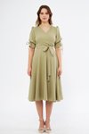 Yağ Yeşili Midi Kruvaze Yaka Büzgülü Kısa Kol Kolları Lastikli Kuşaklı Elbise