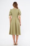 Yağ Yeşili Midi Kruvaze Yaka Büzgülü Kısa Kol Kolları Lastikli Kuşaklı Elbise