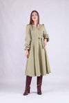 Yağ Yeşili Midi Kruvaze Yaka Uzun Kol Elbise