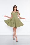 Yağ Yeşili Mini Ayarlanabilir Askılı Yaka Fırfır Detay Dokuma Kumaş Pileli Kloş Abiye Elbise