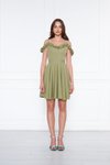 Yağ Yeşili Mini Ayarlanabilir Askılı Yaka Fırfır Detay Dokuma Kumaş Pileli Kloş Abiye Elbise