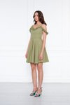 Yağ Yeşili Mini Ayarlanabilir Askılı Yaka Fırfır Detay Dokuma Kumaş Pileli Kloş Abiye Elbise