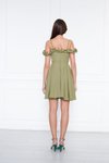 Yağ Yeşili Mini Ayarlanabilir Askılı Yaka Fırfır Detay Dokuma Kumaş Pileli Kloş Abiye Elbise
