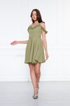 Yağ Yeşili Mini Ayarlanabilir Askılı Yaka Fırfır Detay Dokuma Kumaş Pileli Kloş Abiye Elbise