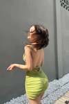 Yağ Yeşili Mini Sırt Dekolteli Askılı Degaje Yaka Elbise