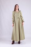 Yağ Yeşili Uzun Kruvaze Yaka Kol Tesettür Elbise