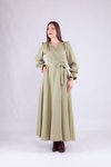 Yağ Yeşili Uzun Kruvaze Yaka Kol Tesettür Elbise