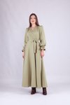 Yağ Yeşili Uzun Kruvaze Yaka Kol Tesettür Elbise