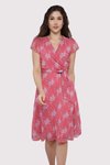 Peach Midi Peach Wrap Detail Double-Breasted Patterned Chiffon Dress