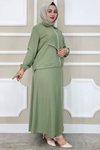 Yeşil Aller Dikim Taş Detaylı İkili Tesettür Takım