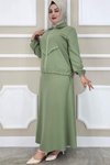 Yeşil Aller Dikim Taş Detaylı İkili Tesettür Takım