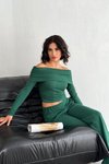 Yeşil Madonna Yaka Uzun Kollu Crop Bluz Pantolon İkili Takım
