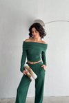 Yeşil Madonna Yaka Uzun Kollu Crop Bluz Pantolon İkili Takım