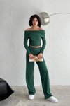 Yeşil Madonna Yaka Uzun Kollu Crop Bluz Pantolon İkili Takım