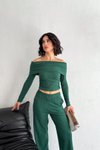 Yeşil Madonna Yaka Uzun Kollu Crop Bluz Pantolon İkili Takım
