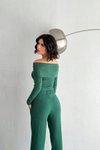 Yeşil Madonna Yaka Uzun Kollu Crop Bluz Pantolon İkili Takım