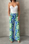 Yeşil Mavi Desenli Bol Paça Viskon Pantolon