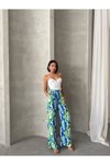 Yeşil Mavi Desenli Bol Paça Viskon Pantolon