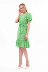 Yeşil Midi Kareli Büzgü Detaylı Yazlık Elbise