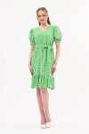 Yeşil Midi Kareli Büzgü Detaylı Yazlık Elbise