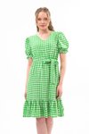 Yeşil Midi Kareli Büzgü Detaylı Yazlık Elbise