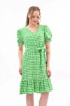 Yeşil Midi Kareli Büzgü Detaylı Yazlık Elbise