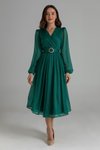 Yeşil Midi Kemerli Kruvaze Yaka Simli Abiye Elbise