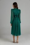 Yeşil Midi Kemerli Kruvaze Yaka Simli Abiye Elbise