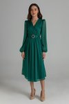 Yeşil Midi Kemerli Kruvaze Yaka Simli Abiye Elbise